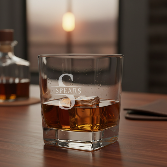 Square whiskey rocks glass with split monogram "S" and SPEARS engraving